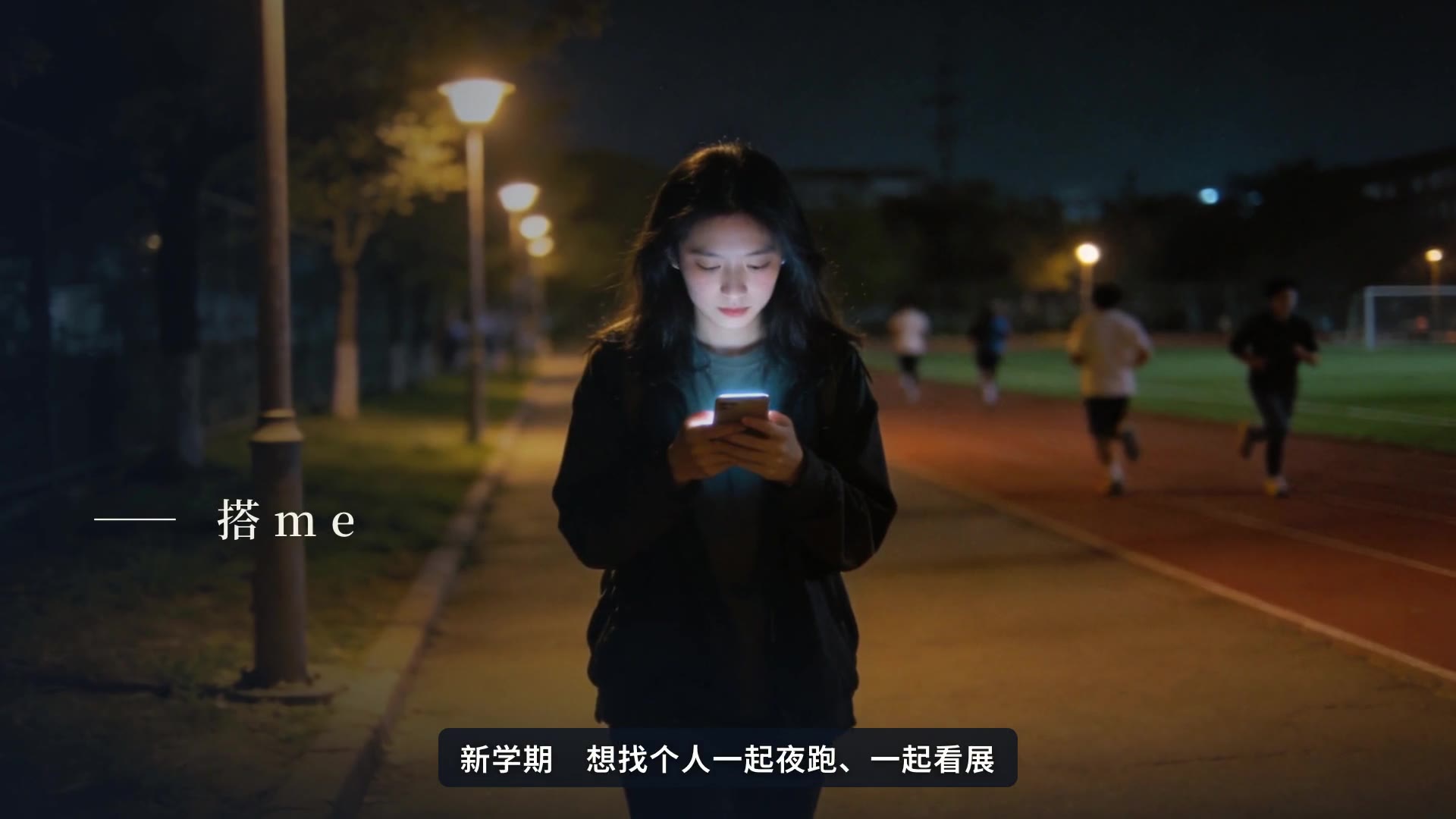 宣传片封面：夜里的校园操场，一个女生低头看手机